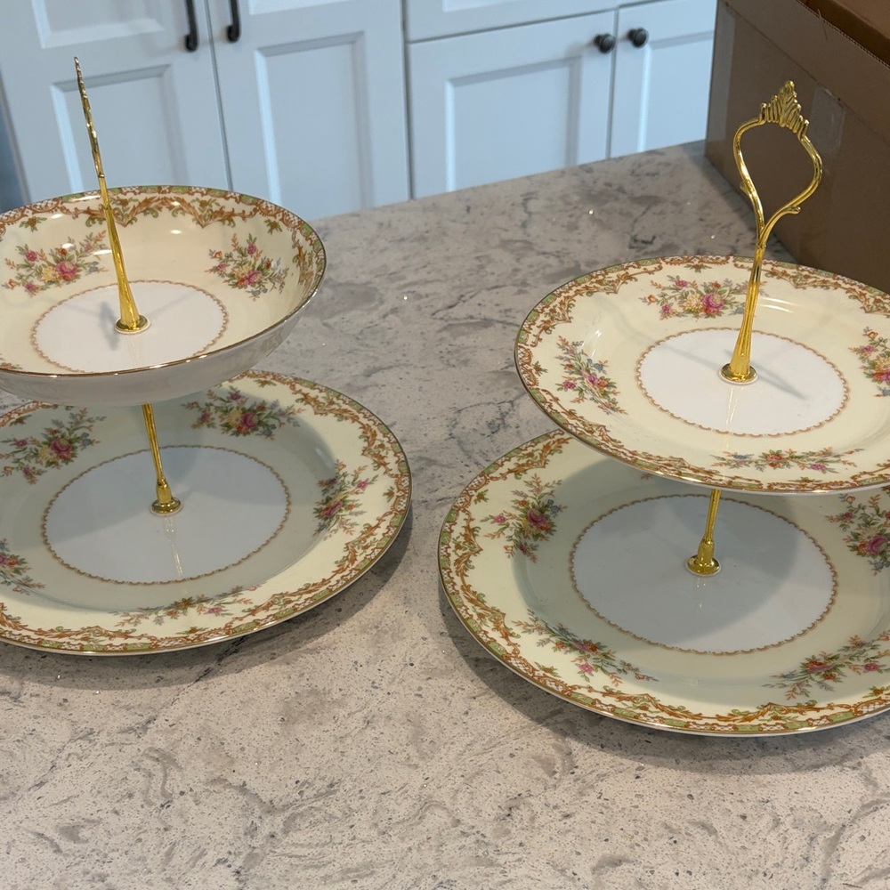 Noritake White, Pink and Gold Two-Tier Porcelain Serving Stands